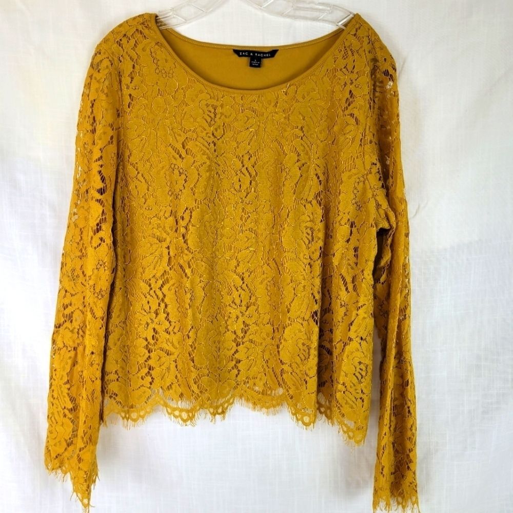 Zac and Rachel deep yellow lined lace top long sleeves flare cuffs boho party L